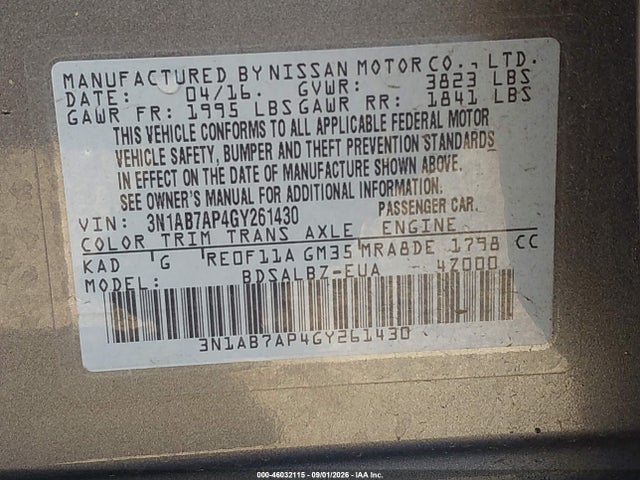 3N1AB7AP4GY261430 Nissan Sentra Fe+ S/s/sl/sr/sv