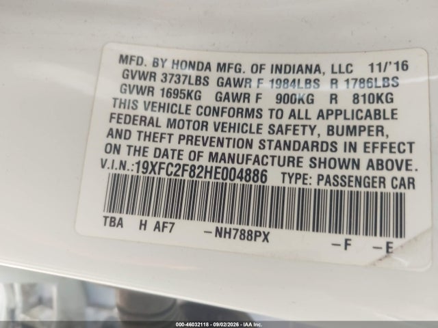 Продажа на аукционе авто 2017 Honda Civic Ex, vin: 19XFC2F82HE004886, номер лота: 46032118