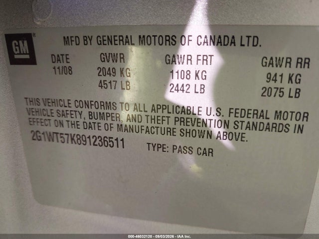 46032120 :رقم المزاد ، 2G1WT57K891236511 vin ، 2009 Chevrolet Impala Lt مزاد بيع