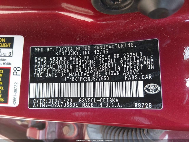 2016 Toyota Camry Xse V6 მანქანა იყიდება აუქციონზე, vin: 4T1BK1FK3GU572650, აუქციონის ნომერი: 46032132