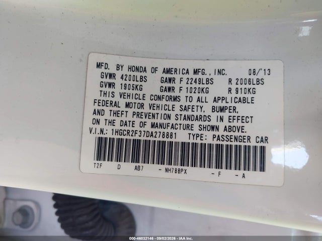 Auction sale of the 2013 Honda Accord Lx, vin: 1HGCR2F37DA278881, lot number: 46032146