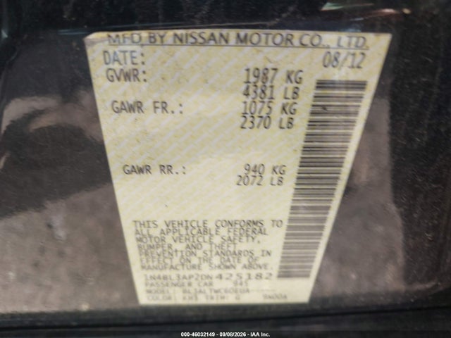 46032149 :رقم المزاد ، 1N4BL3AP2DN425182 vin ، 2013 Nissan Altima 3.5 Sv مزاد بيع