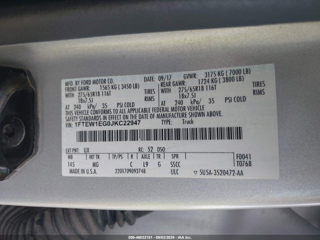 Продажа на аукционе авто 2018 Ford F-150 King Ranch/lariat/limited/platinum/xl/xlt, vin: 1FTEW1EG0JKC22947, номер лота: 46032151