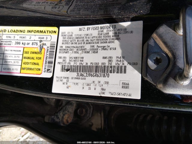46032160 :رقم المزاد ، 3LN6L2J96GR631870 vin ، 2016 Lincoln Mkz مزاد بيع