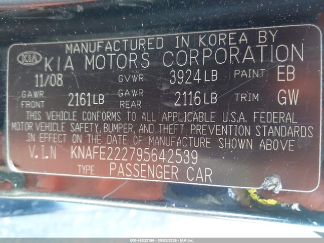 46032166 :رقم المزاد ، KNAFE222795642539 vin ، 2009 Kia Spectra Ex مزاد بيع