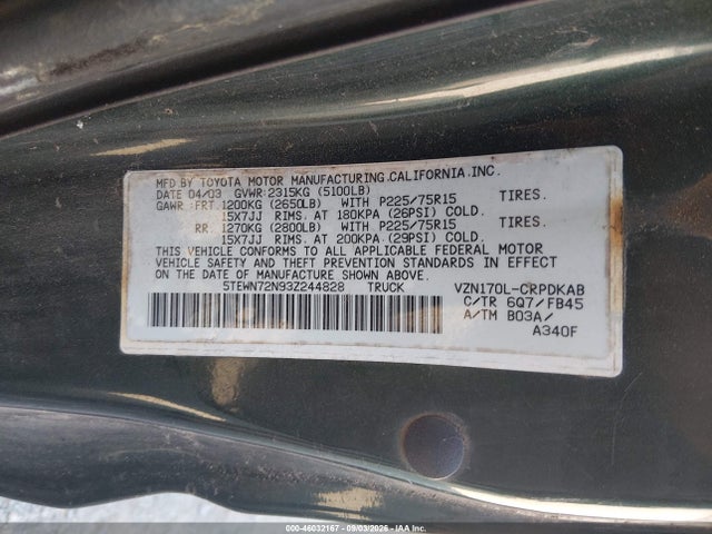 46032167 :رقم المزاد ، 5TEWN72N93Z244828 vin ، 2003 Toyota Tacoma Base V6 مزاد بيع