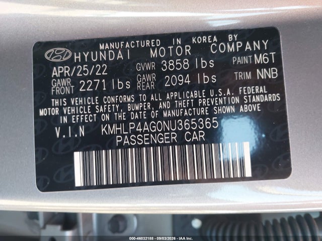 46032188 :رقم المزاد ، KMHLP4AG0NU365365 vin ، 2022 Hyundai Elantra Limited مزاد بيع