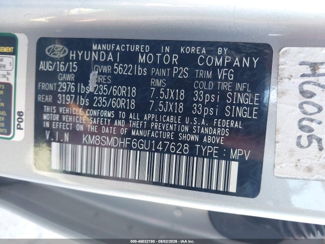 2016 Hyundai Santa Fe Se მანქანა იყიდება აუქციონზე, vin: KM8SMDHF6GU147628, აუქციონის ნომერი: 46032190