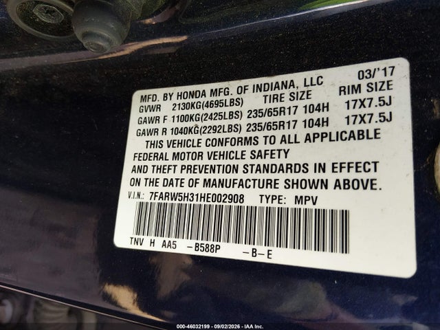 Aukcja sprzedaży 2017 Honda Cr-v Lx, vin: 7FARW5H31HE002908, numer aukcji: 46032199