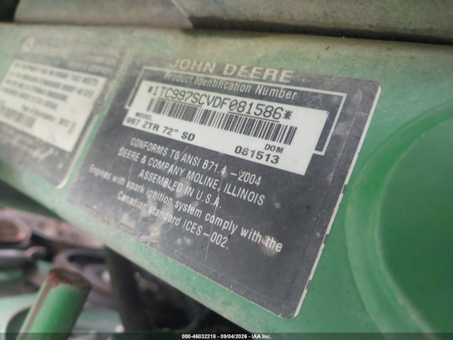 46032218 :رقم المزاد ، TC997SC080586 vin ، 2004 John Deere Zero Turn Mowe 997sc3.072 Sd مزاد بيع