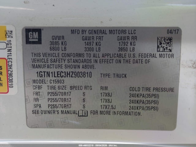 46032219 :رقم المزاد ، 1GTN1LEC3HZ903810 vin ، 2017 Gmc Sierra 1500 مزاد بيع