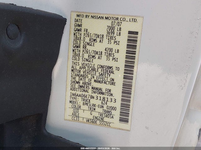 46032222 :رقم المزاد ، 1N6AA06E78N318133 vin ، 2008 Nissan Titan Xe مزاد بيع