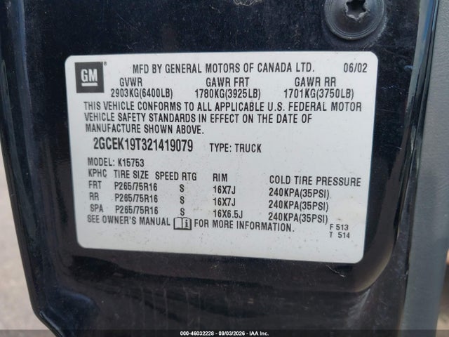 46032228 :رقم المزاد ، 2GCEK19T321419079 vin ، 2002 Chevrolet Silverado 1500 Ls مزاد بيع