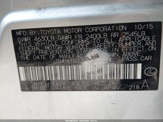 Продажа на аукционе авто 2016 Lexus Is 200t, vin: JTHBA1D22G5010516, номер лота: 46032229