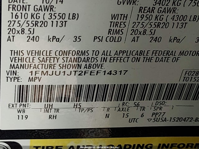 Продажа на аукционе авто 2015 Ford Expedition King Ranch, vin: 1FMJU1JT2FEF14317, номер лота: 46032235