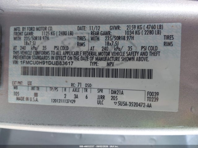 46032237 :رقم المزاد ، 1FMCU0H91DUB83617 vin ، 2013 Ford Escape Sel مزاد بيع