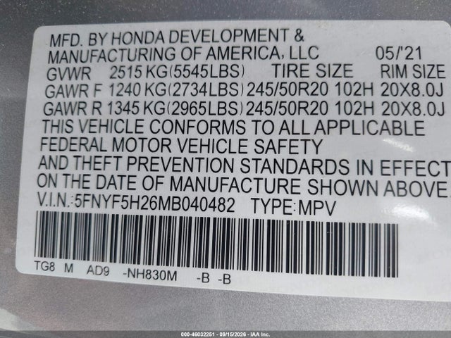 Продажа на аукционе авто 2021 Honda Pilot 2wd Special Edition, vin: 5FNYF5H26MB040482, номер лота: 46032251