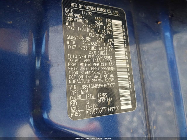 46032255 :رقم المزاد ، JN8BT3AB5PW467377 vin ، 2023 Nissan Rogue S Intelligent Awd مزاد بيع