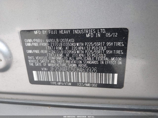46032254 :رقم المزاد ، JF2SHAEC5CH469926 vin ، 2012 Subaru Forester 2.5x Limited مزاد بيع