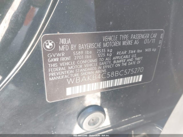 Aukcja sprzedaży 2011 Bmw 740li, vin: WBAKB4C58BC575270, numer aukcji: 46032265