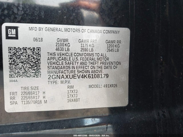 Продаж на аукціоні авто 2019 Chevrolet Equinox Lt, vin: 2GNAXUEV4K6108179, номер лоту: 46032268
