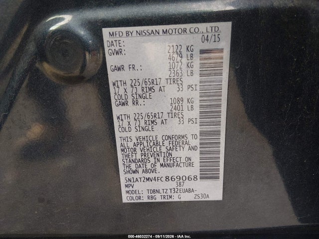 Продаж на аукціоні авто 2015 Nissan Rogue Sv, vin: 5N1AT2MV4FC869068, номер лоту: 46032274