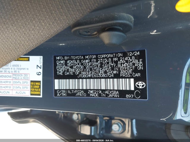 Продаж на аукціоні авто 2025 Toyota Corolla Hybrid Se, vin: JTDBCMFE6S3080724, номер лоту: 46032278
