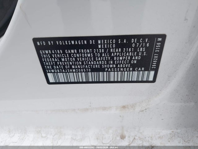 Продажа на аукционе авто 2017 Volkswagen Jetta 1.4t Se, vin: 3VWDB7AJ3HM208570, номер лота: 46032282