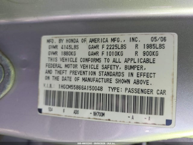 Продажа на аукционе авто 2006 Honda Accord 2.4 Ex, vin: 1HGCM55866A150048, номер лота: 46032283