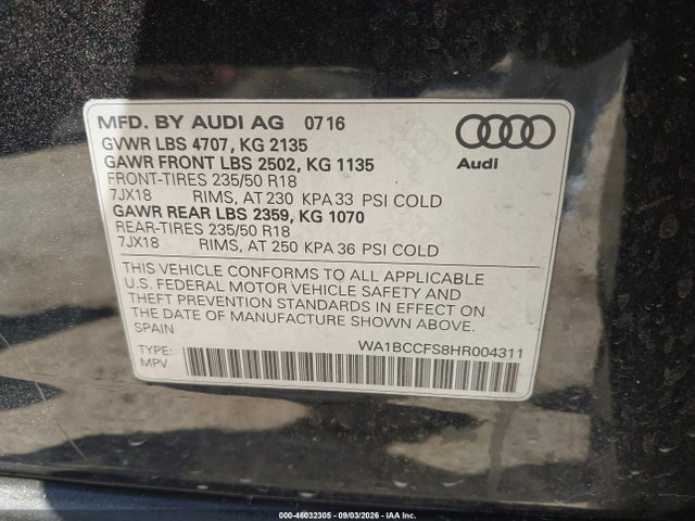46032305 :رقم المزاد ، WA1BCCFS8HR004311 vin ، 2017 Audi Q3 2.0t Premium مزاد بيع