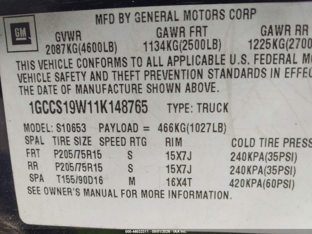2001 Chevrolet S-10 Ls მანქანა იყიდება აუქციონზე, vin: 1GCCS19W11K148765, აუქციონის ნომერი: 46032311