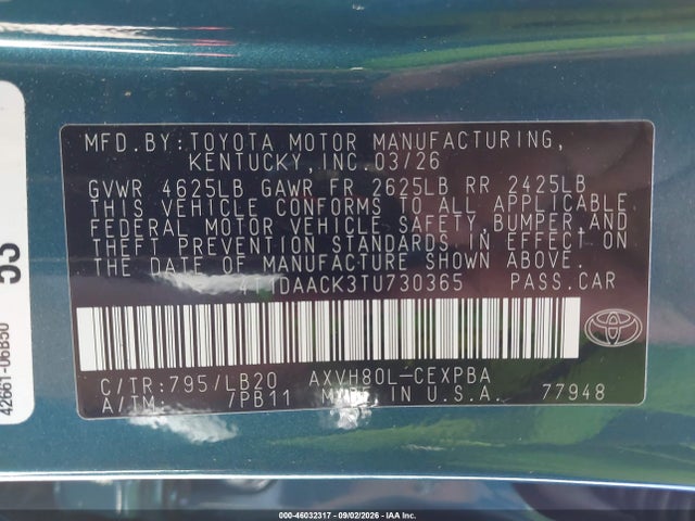 46032317 :رقم المزاد ، 4T1DAACK3TU730365 vin ، 2026 Toyota Camry Xse مزاد بيع