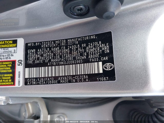 2018 Toyota Camry L მანქანა იყიდება აუქციონზე, vin: 4T1B11HK0JU082965, აუქციონის ნომერი: 46032319