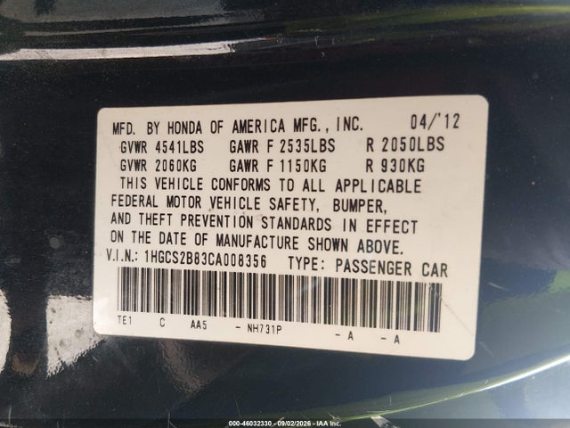 Aukcja sprzedaży 2012 Honda Accord 3.5 Ex-l, vin: 1HGCS2B83CA008356, numer aukcji: 46032330