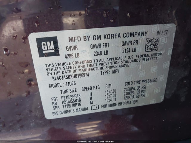 46032340 :رقم المزاد ، KL4CJASBXHB196974 vin ، 2017 Buick Encore Preferred مزاد بيع