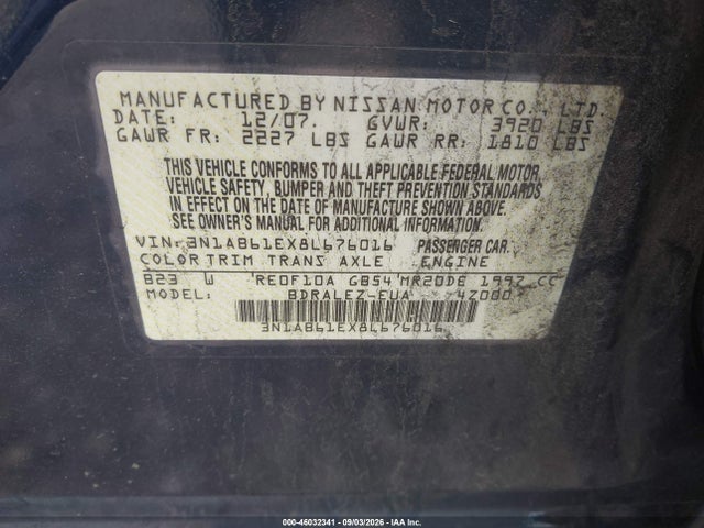 2008 Nissan Sentra 2.0s მანქანა იყიდება აუქციონზე, vin: 3N1AB61EX8L676016, აუქციონის ნომერი: 46032341
