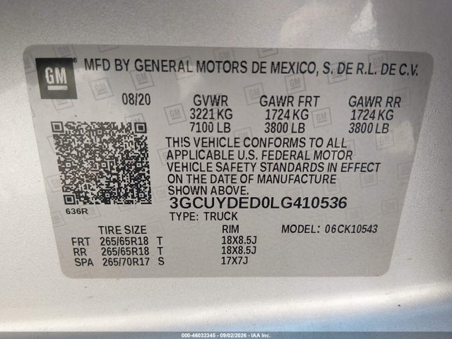 46032345 :رقم المزاد ، 3GCUYDED0LG410536 vin ، 2020 Chevrolet Silverado 1500 4wd  Short Bed Lt مزاد بيع