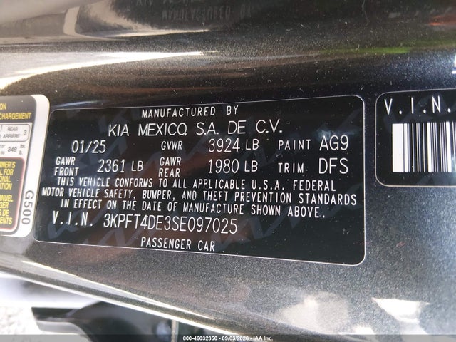 2025 Kia K4 Lxs მანქანა იყიდება აუქციონზე, vin: 3KPFT4DE3SE097025, აუქციონის ნომერი: 46032350