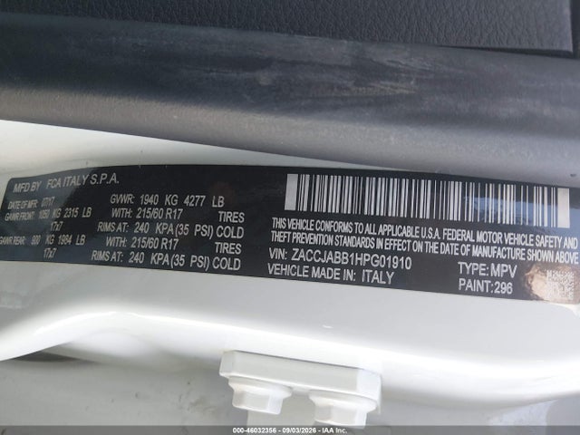 Продаж на аукціоні авто 2017 Jeep Renegade Latitude Fwd, vin: ZACCJABB1HPG01910, номер лоту: 46032356