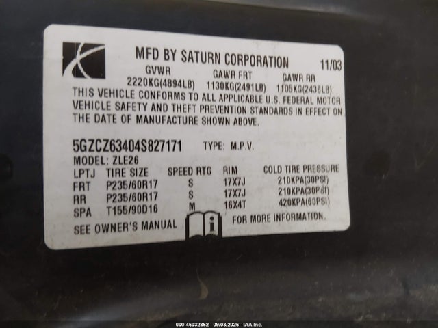 Продаж на аукціоні авто 2004 Saturn Vue V6, vin: 5GZCZ63404S827171, номер лоту: 46032362