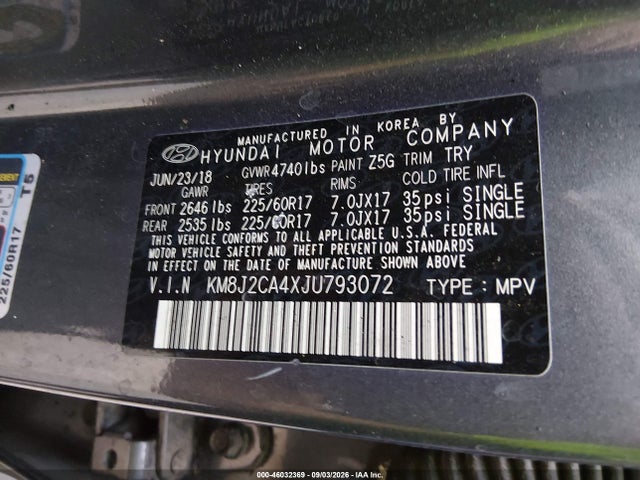 Aukcja sprzedaży 2018 Hyundai Tucson Se, vin: KM8J2CA4XJU793072, numer aukcji: 46032369