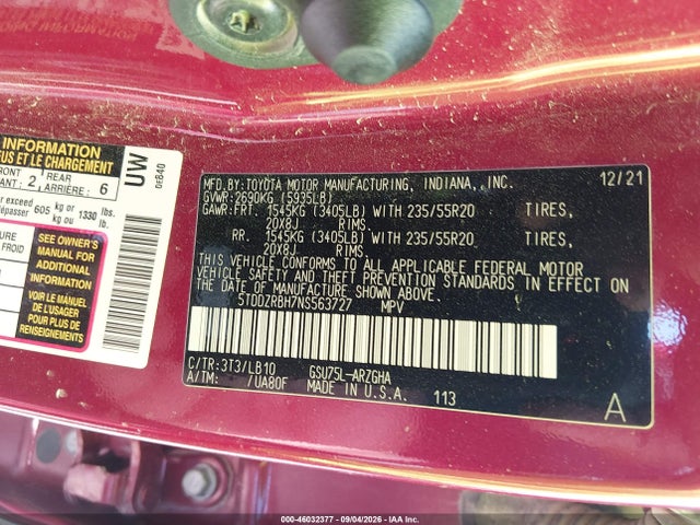 Aukcja sprzedaży 2022 Toyota Highlander Limited, vin: 5TDDZRBH7NS563727, numer aukcji: 46032377