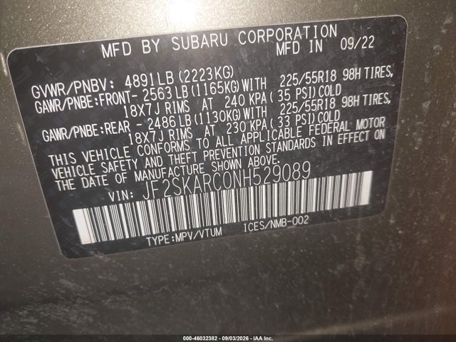 46032382 :رقم المزاد ، JF2SKARC0NH529089 vin ، 2022 Subaru Forester Touring مزاد بيع