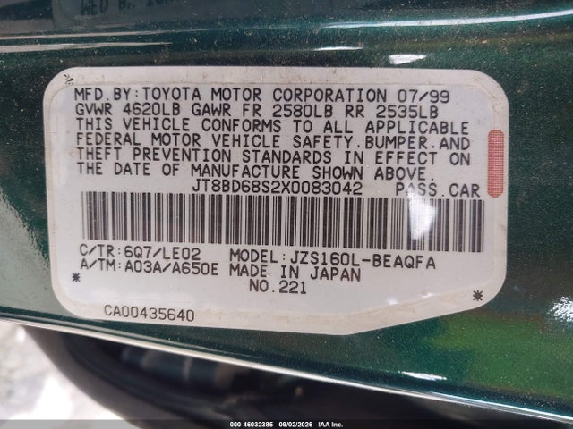 46032385 :رقم المزاد ، JT8BD68S2X0083042 vin ، 1999 Lexus Gs 300 مزاد بيع