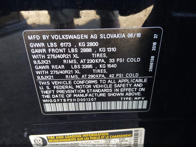 Продаж на аукціоні авто 2017 Volkswagen Touareg V6 Executive, vin: WVGGF7BP3HD001207, номер лоту: 46032404