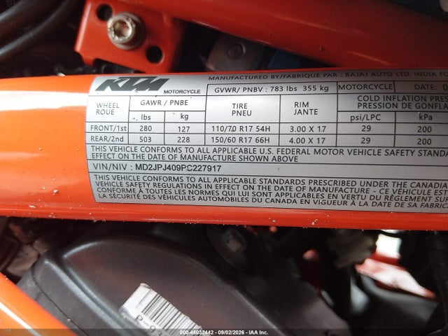 2023 Ktm 390 Duke მანქანა იყიდება აუქციონზე, vin: MD2JPJ409PC227917, აუქციონის ნომერი: 46032442