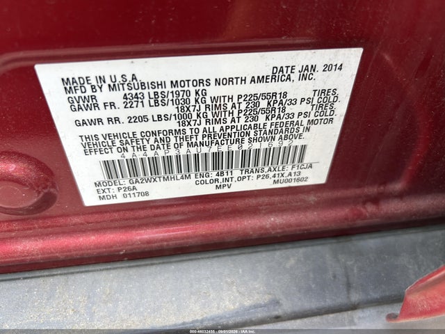 Aukcja sprzedaży 2014 Mitsubishi Outlander Sport Es, vin: 4A4AP3AU7EE021692, numer aukcji: 46032455