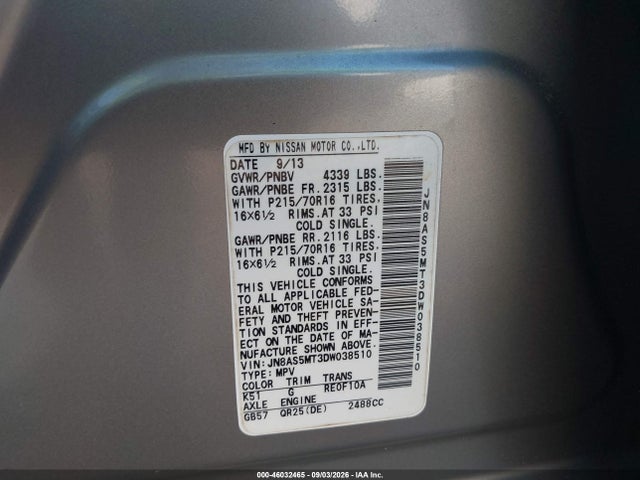 Aukcja sprzedaży 2013 Nissan Rogue S, vin: JN8AS5MT3DW038510, numer aukcji: 46032465