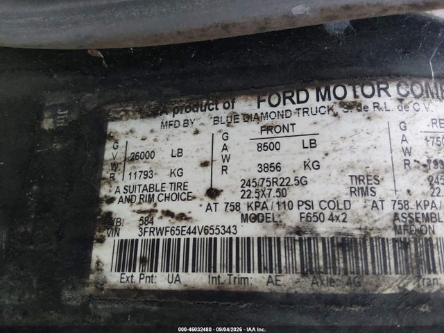 46032480 :رقم المزاد ، 3FRWF65E44V655343 vin ، 2004 Ford F-650 Xl/xlt مزاد بيع