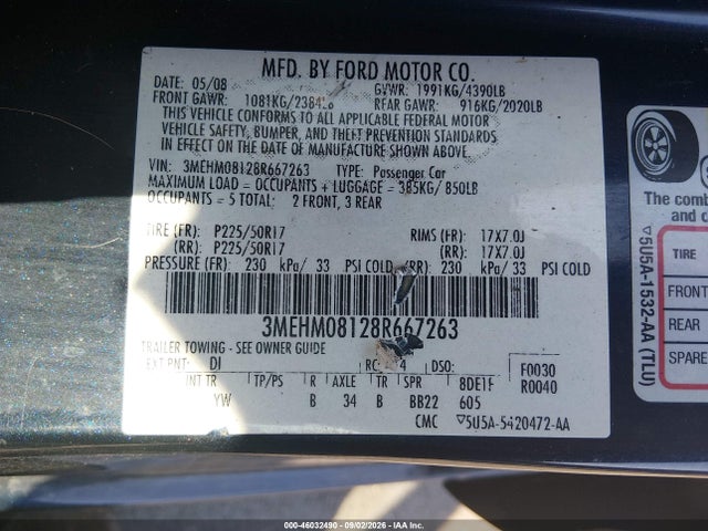 Продажа на аукционе авто 2008 Mercury Milan V6 Premier, vin: 3MEHM08128R667263, номер лота: 46032490